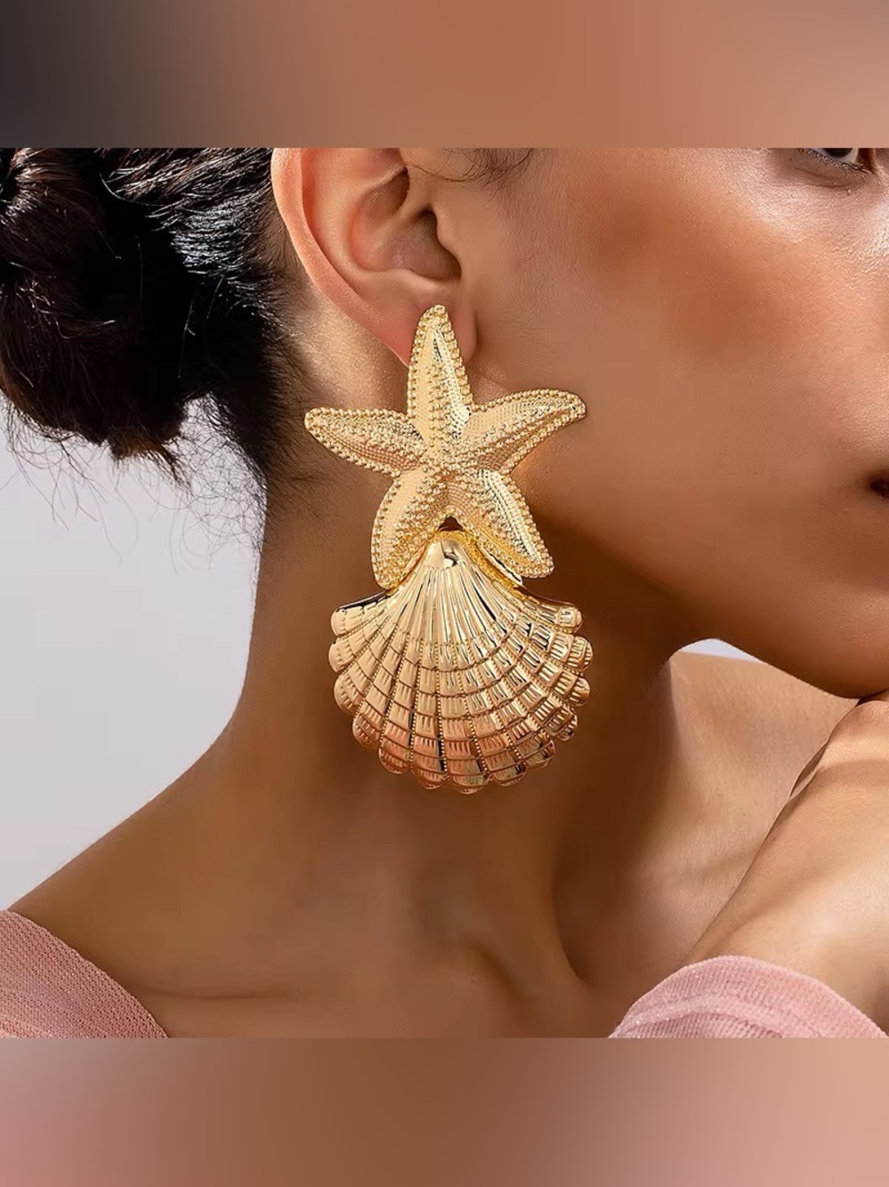 Gold Starfish and Shell Drop Earrings - Women Jewelry